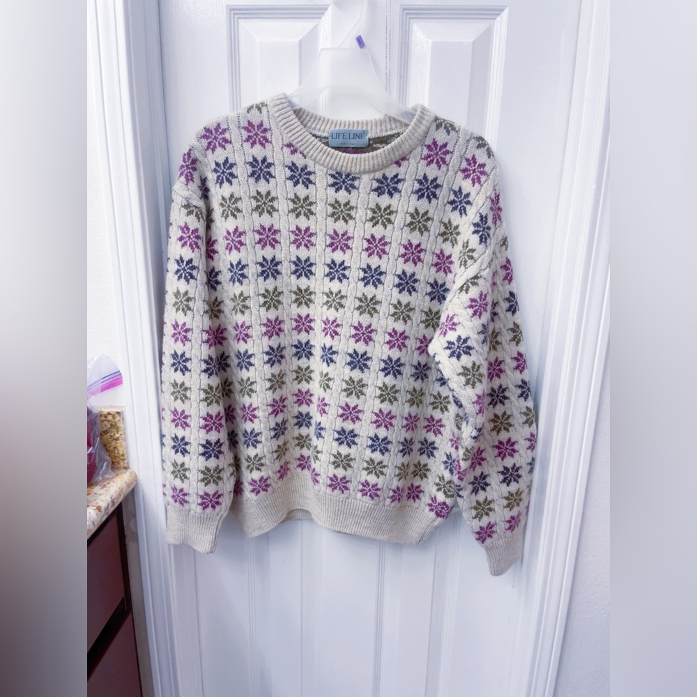 VINTAGE LIFE LINE  WOOL italy SWEATER crewneck snowflake birdseye‎ pattern